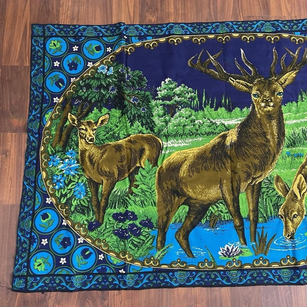 Vtg Tapestry Elk Deer MCM Blue Floral Velvet Wall Hanging 55x39‎ Mancave Lodge